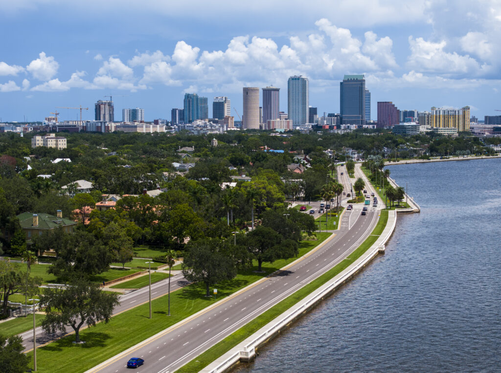 An aerial drone view looking north towards downtown Tampa showing the condominiums and buildings along Bayshore Boulevard on Friday, Aug. 18, 2023 in Tampa.